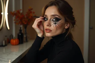 Femme appliquant un maquillage web élégant sur son visage