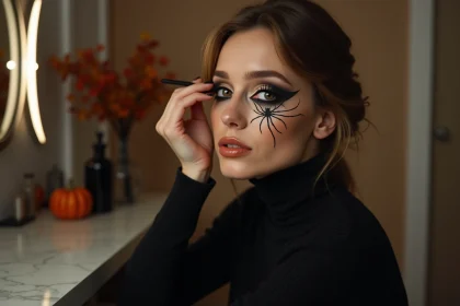 Femme appliquant un maquillage web &eacute;l&eacute;gant sur son visage