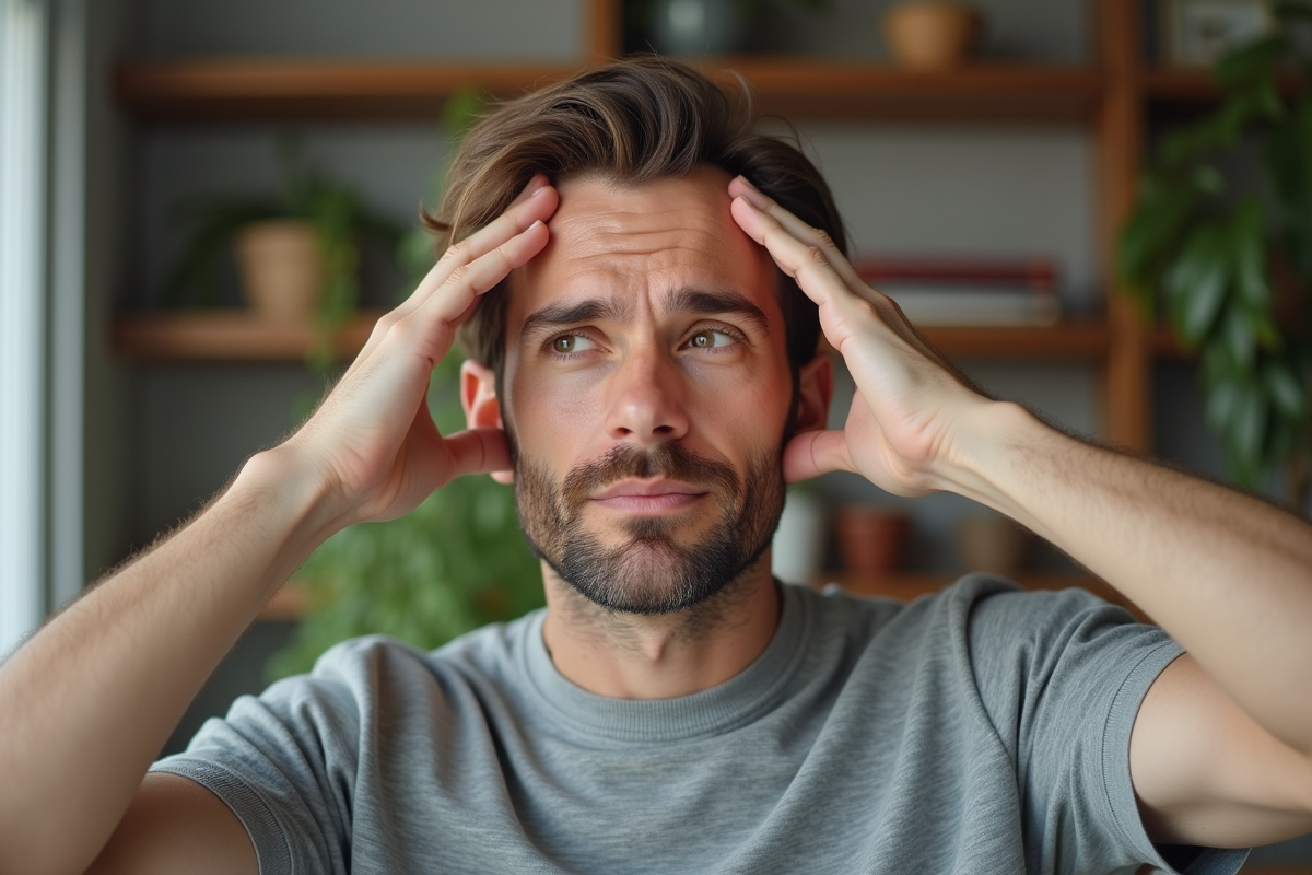 Homme en train de se masser le front dans un salon lumineux