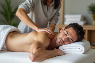 Homme détendu recevant un massage dans un centre bien-être