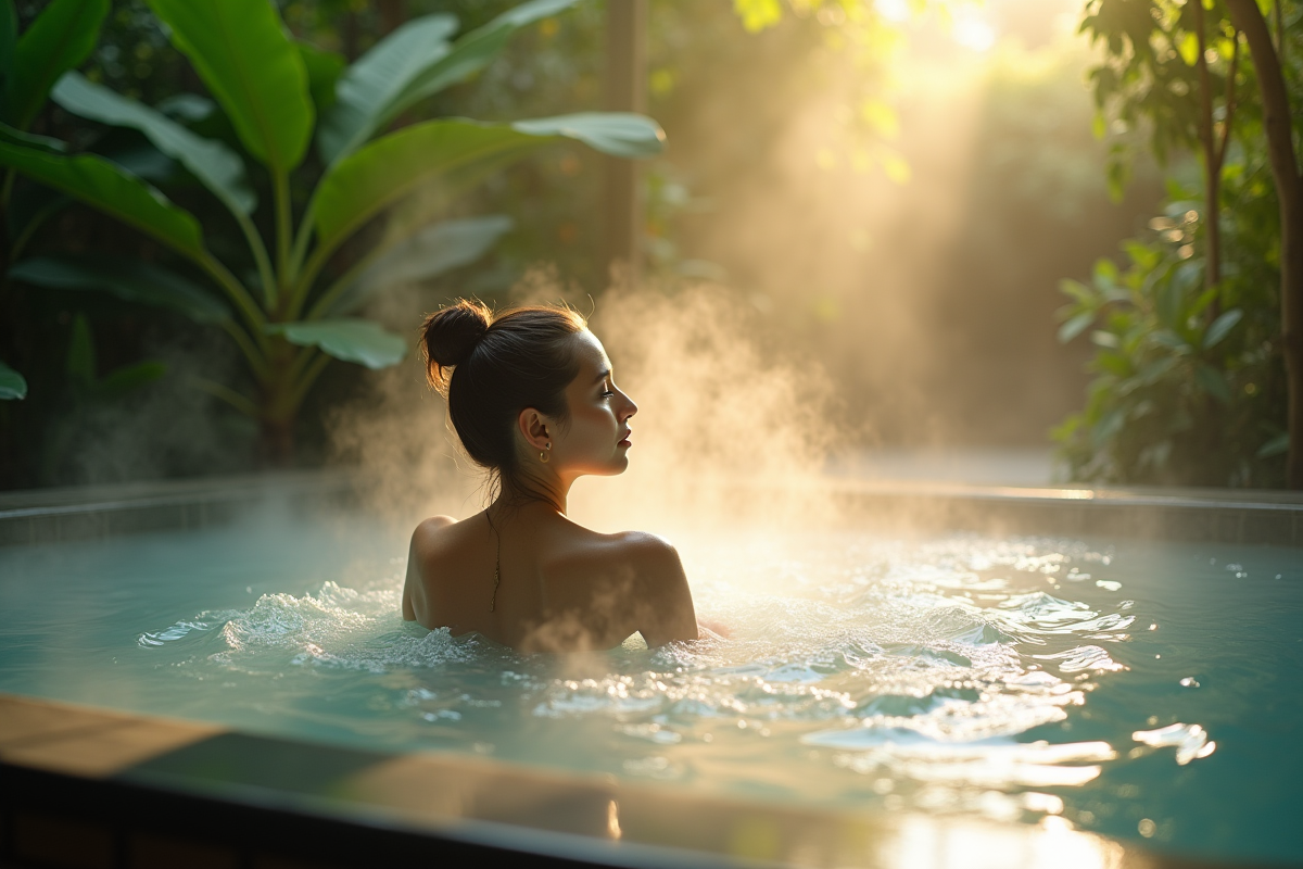 Matin de détente dans un spa extérieur avec piscine et verdure