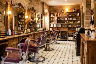 Intérieur d'un salon de barbier traditionnel en Nouvelle-Aquitaine avec fauteuils en cuir vintage et miroirs anciens