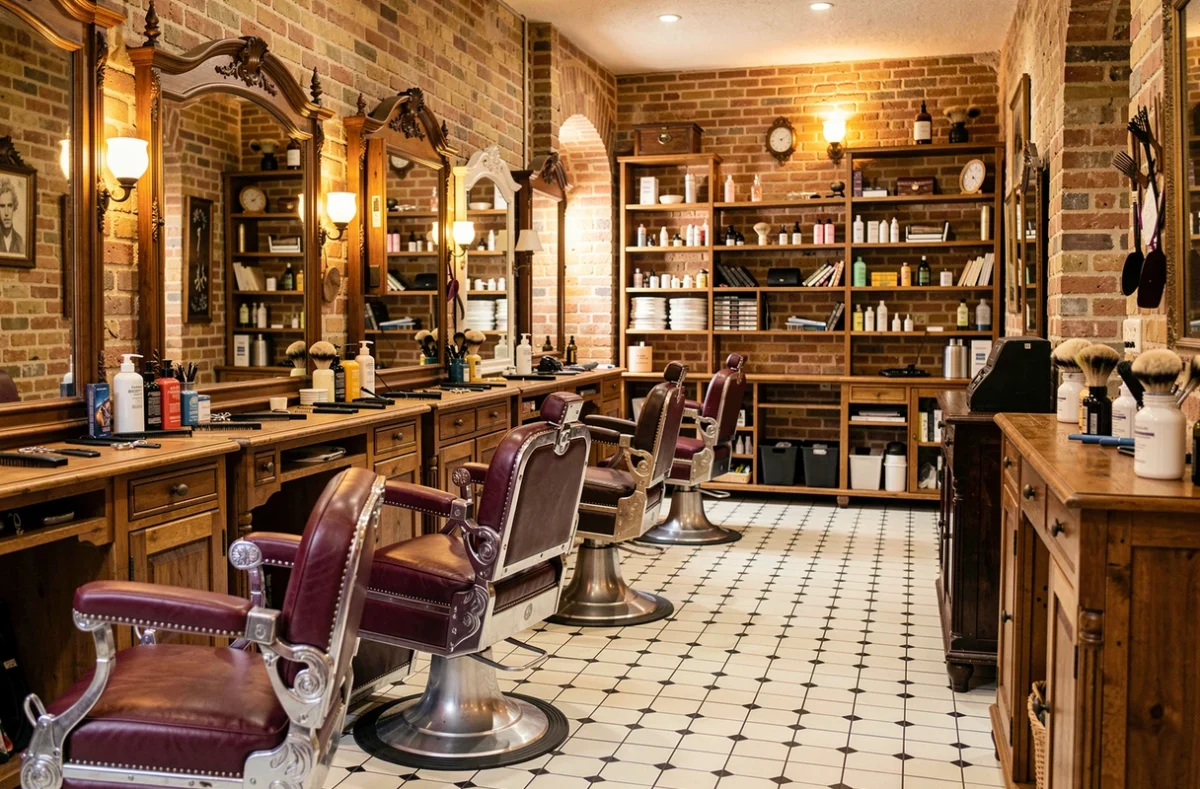Intérieur d'un salon de barbier traditionnel en Nouvelle-Aquitaine avec fauteuils en cuir vintage et miroirs anciens