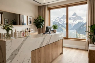 Réception moderne d'un institut de beauté en Haute-Savoie avec vue sur les montagnes