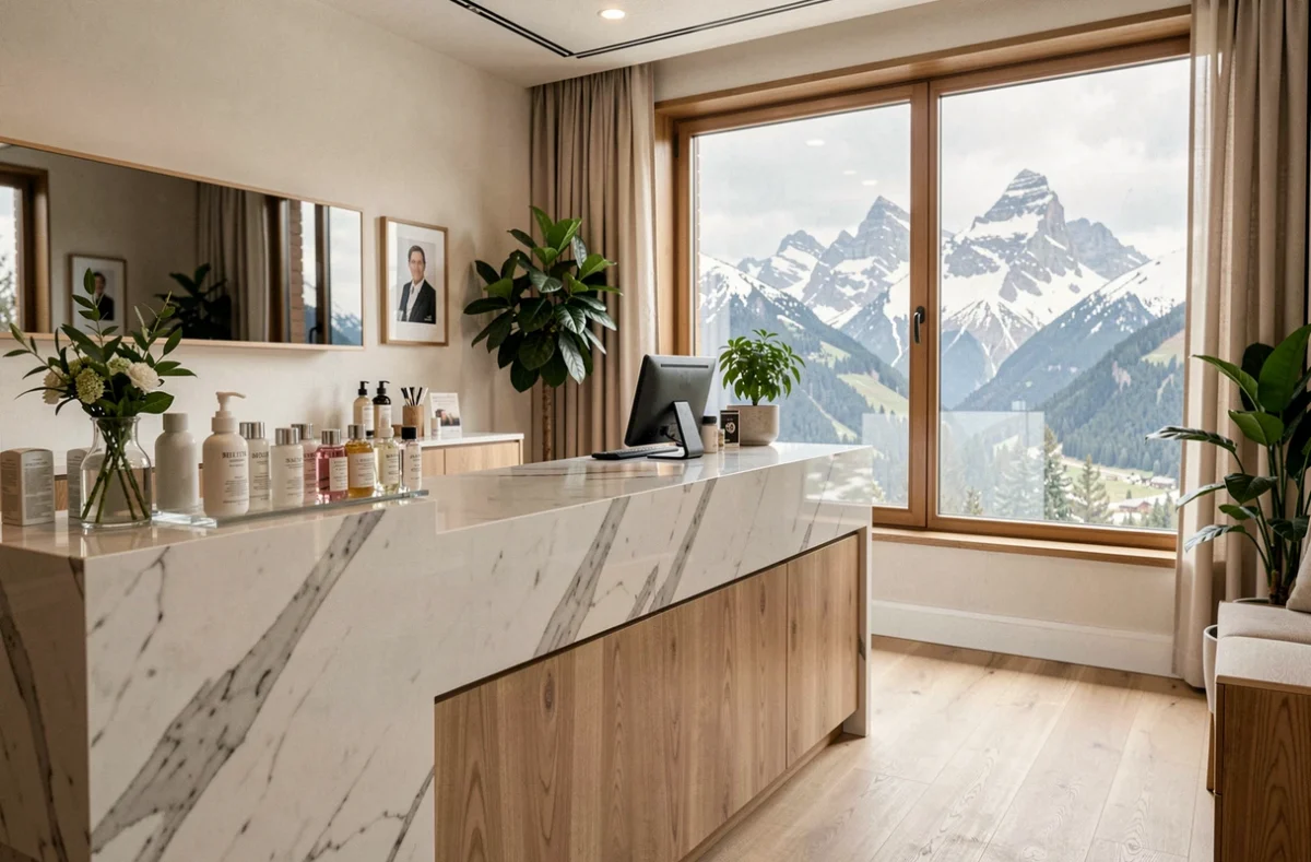 Réception moderne d'un institut de beauté en Haute-Savoie avec vue sur les montagnes