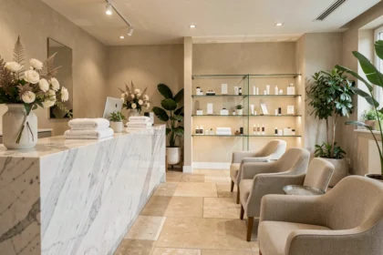 Intérieur élégant d'un institut de beauté dans le Nord de la France avec comptoir en marbre et produits cosmétiques