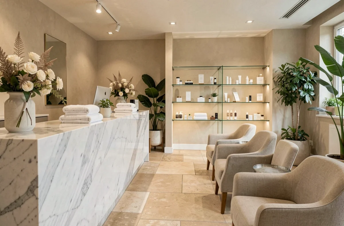 Intérieur élégant d'un institut de beauté dans le Nord de la France avec comptoir en marbre et produits cosmétiques