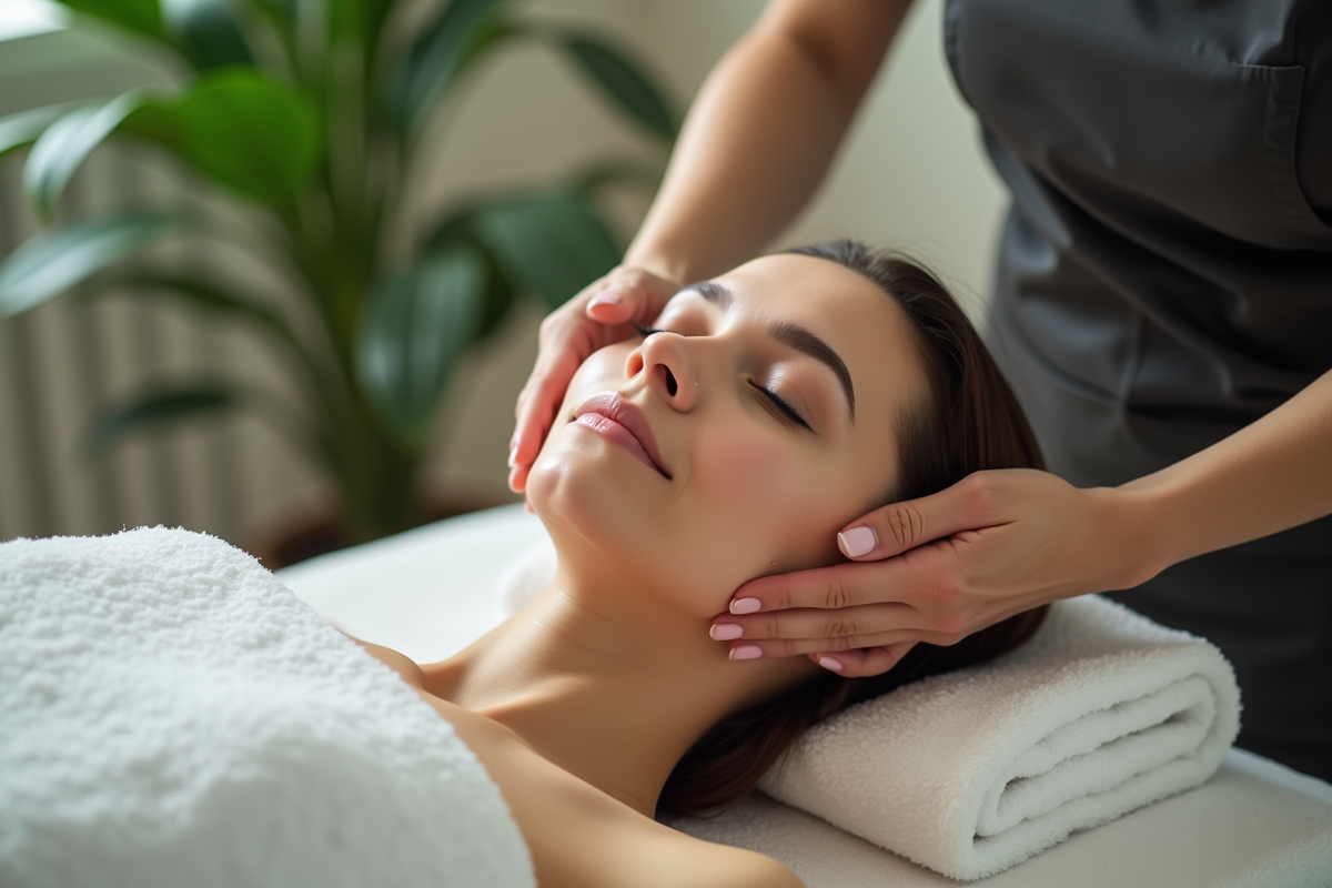 Estheticienne réalisant un massage facial en spa moderne