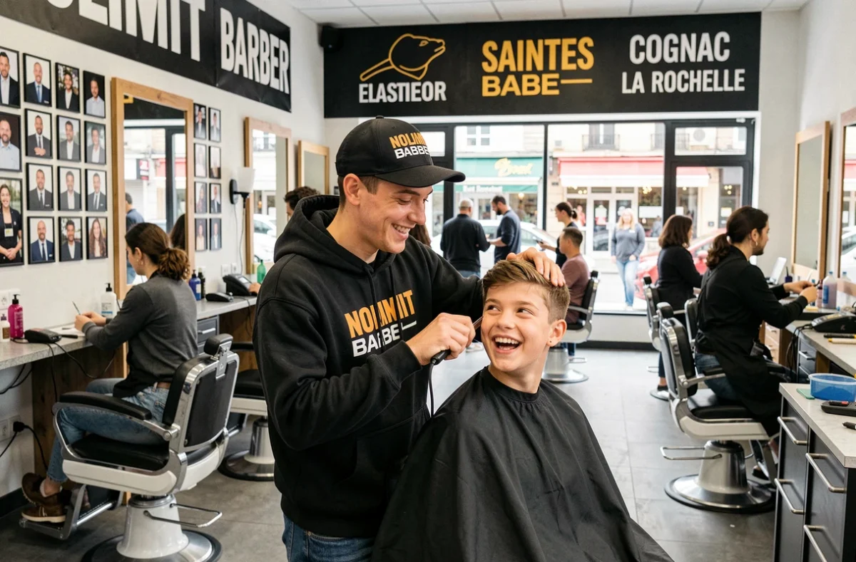Ambiance animée d'un salon Nolimit Barber avec plusieurs postes de travail actifs