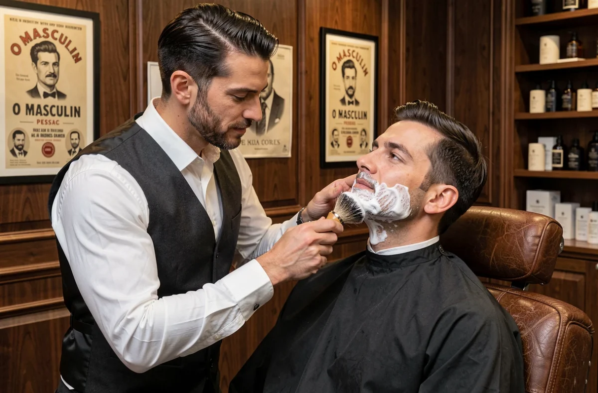 Barbier appliquant la mousse à raser avec un blaireau dans le salon O Masculin à Pessac