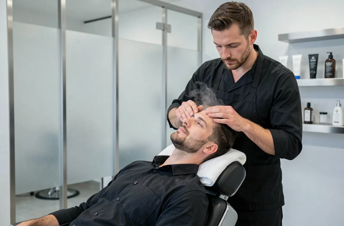 Application d'une serviette chaude lors d'un soin visage chez O2 Barbier à Bordeaux