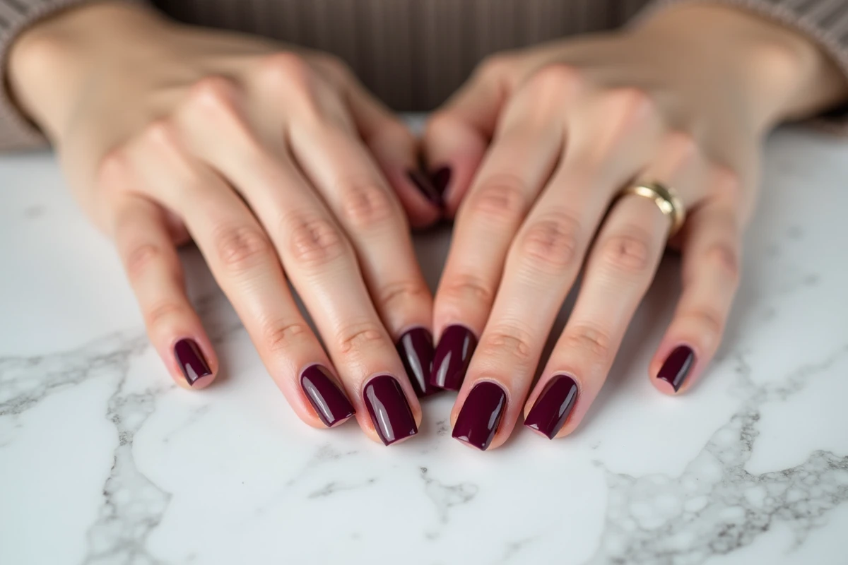 Mains de femme avec ongles courts en gel bordeaux sur marbre blanc, tendance couleur 2026