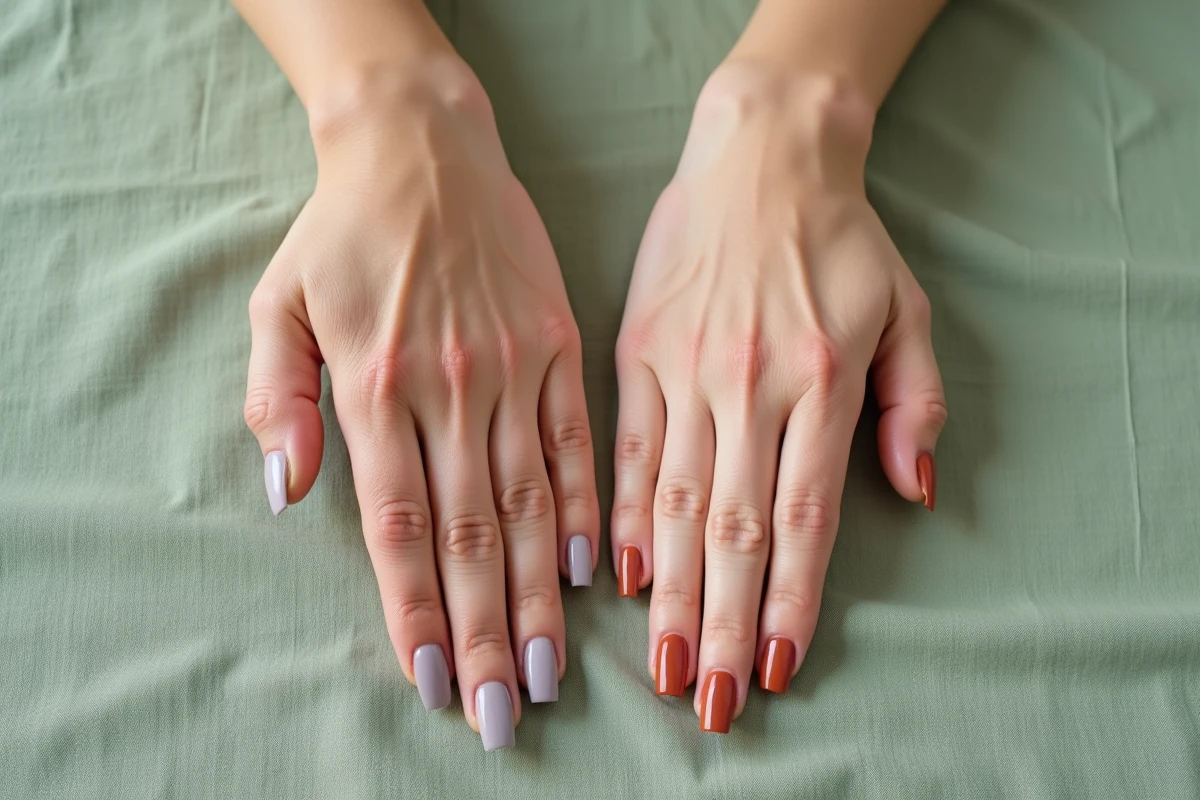 Flat lay de deux mains avec ongles courts en gel lavande et terracotta sur lin vert sauge, tendances 2026