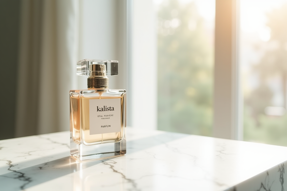 Bouteille de parfum Kalista élégante sur surface blanche