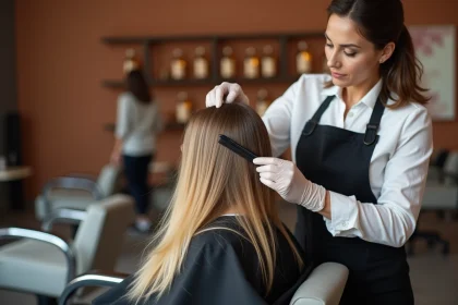 Coloriste professionnelle appliquant une patine sur cheveux blonds dans un salon moderne