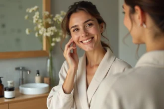 Femme appliquant une creme naturelle au jasmin sur la joue