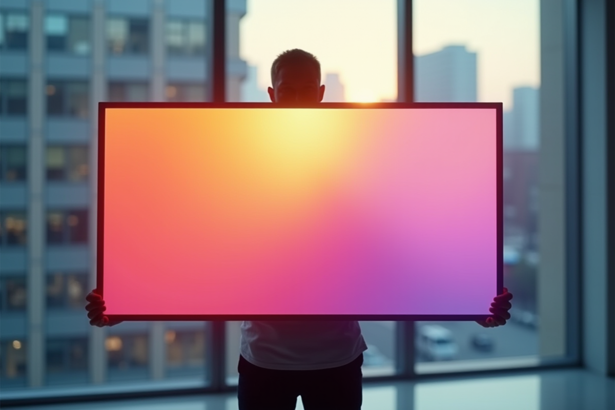 Personne tenant un panneau de dégradé de couleurs lumineux