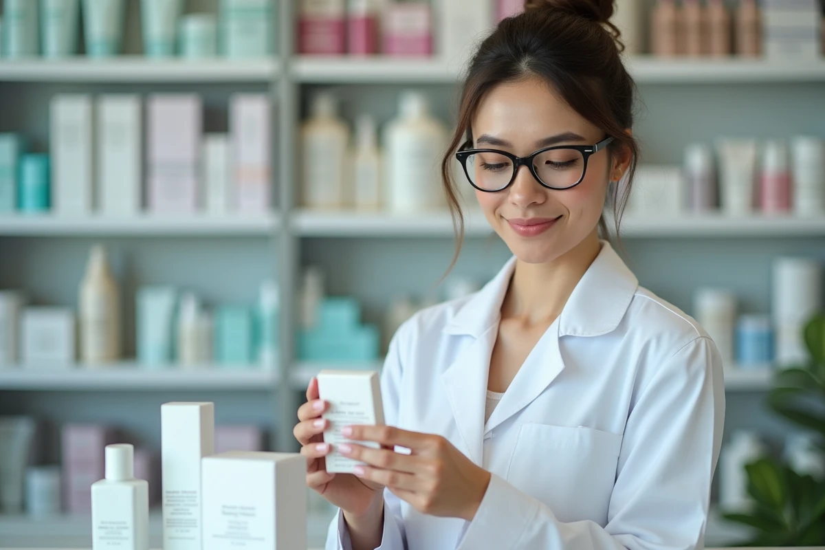 Pharmacienne lisant attentivement la notice d'un produit cosmétique contenant du Fermoter pour conseiller sur les contre-indications et précautions d'emploi