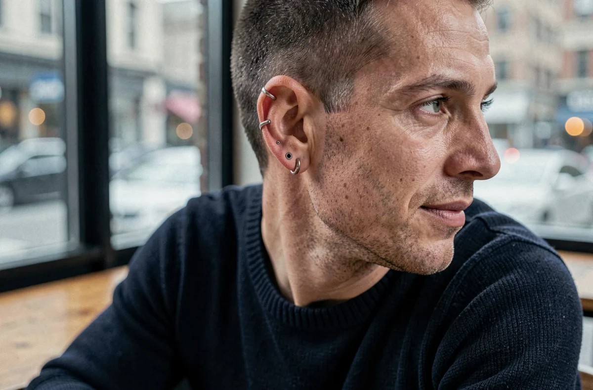 Homme avec piercing industriel, daith et lobes visibles, bijoux en argent et titane, atmosphère café urbain en arrière-plan