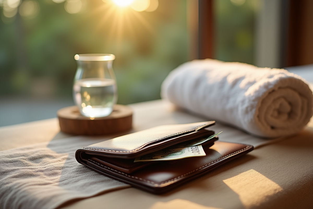 Portefeuille ouvert avec pourboire sur une table de massage en bois