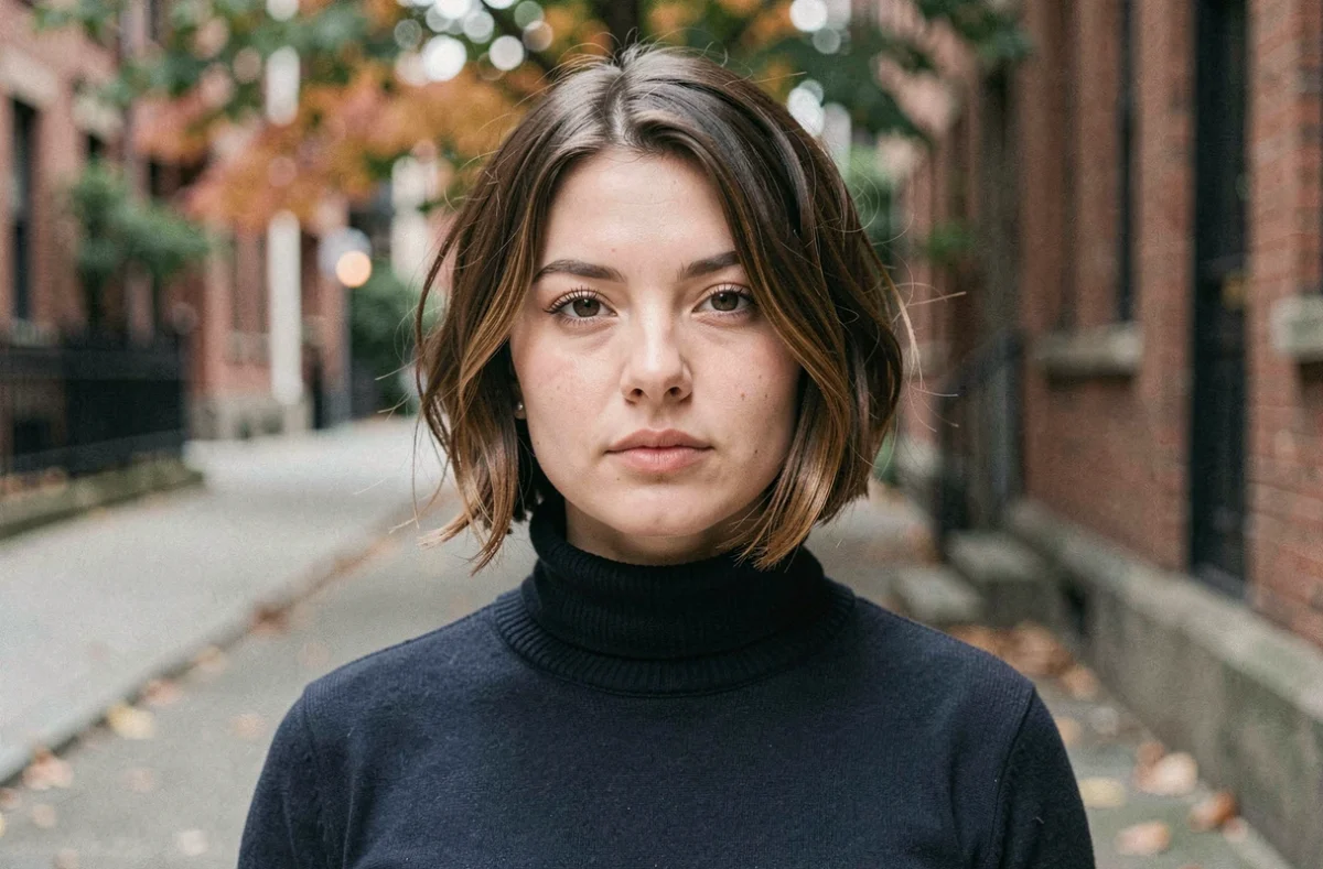 Portrait urbain d'une femme aux cheveux fins avec un carré plongeant destructuré court mettant en valeur un visage rond
