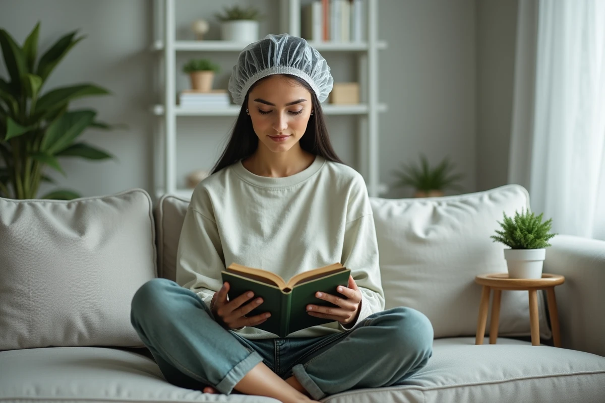 Femme avec du henné posé sur les cheveux recouvert d'un bonnet plastique, se relaxant sur un canapé en lin gris