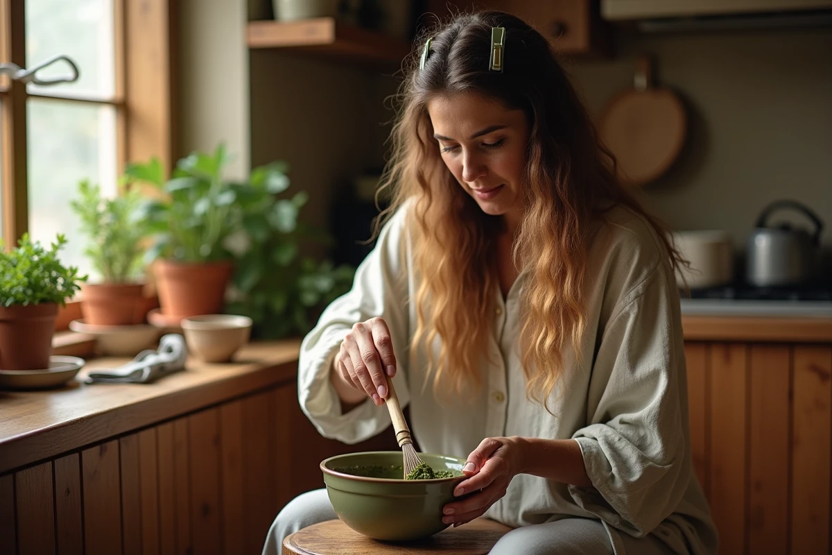 Femme préparant un mélange de henné naturel dans un bol en céramique dans une cuisine chaleureuse