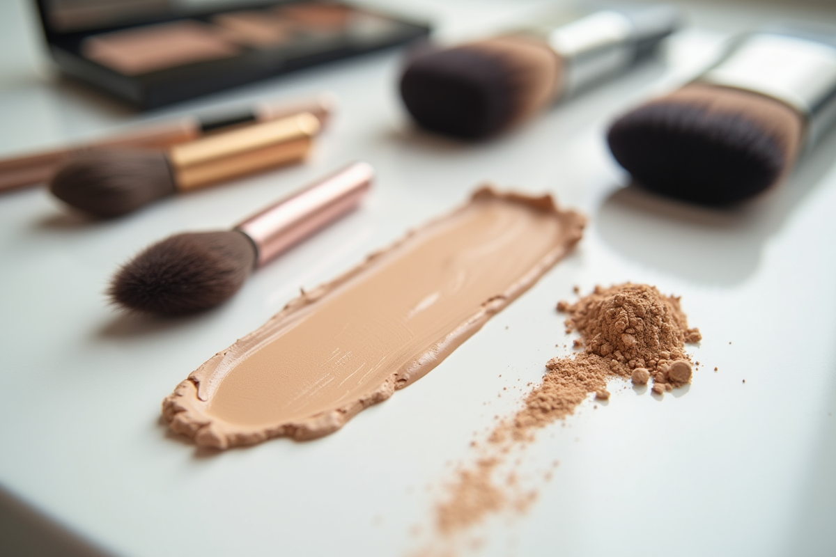 Produits de maquillage avec fond de teint et poudre sur une surface blanche