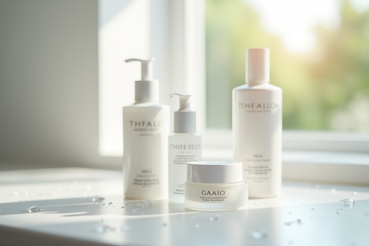 Produits de soin visage nettoyant et creme sur comptoir lumineux