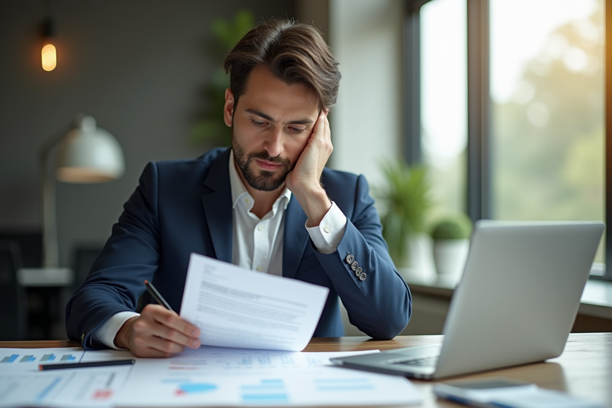 Professionnel au bureau examinant un contrat avec documents financiers