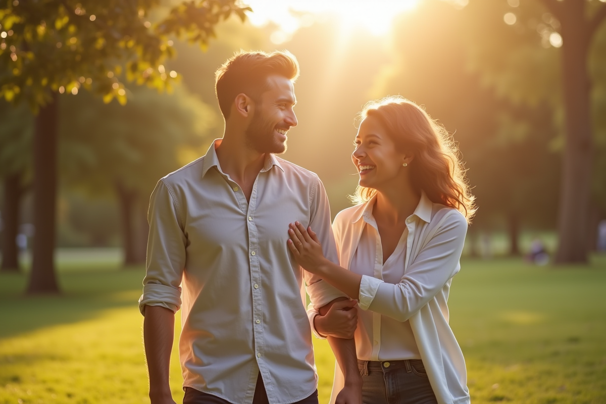 Couple marchant dans un parc ensoleille avec gestes affectueux
