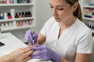 Prothésiste ongulaire effectuant la technique de pinçage sur une extension d'ongle en gel dans un salon moderne