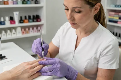 Prothésiste ongulaire effectuant la technique de pinçage sur une extension d'ongle en gel dans un salon moderne