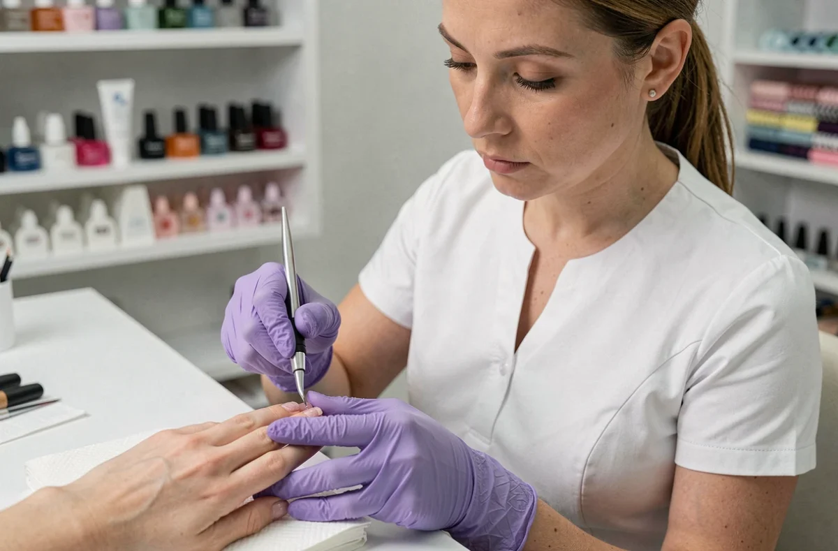 Prothésiste ongulaire effectuant la technique de pinçage sur une extension d'ongle en gel dans un salon moderne