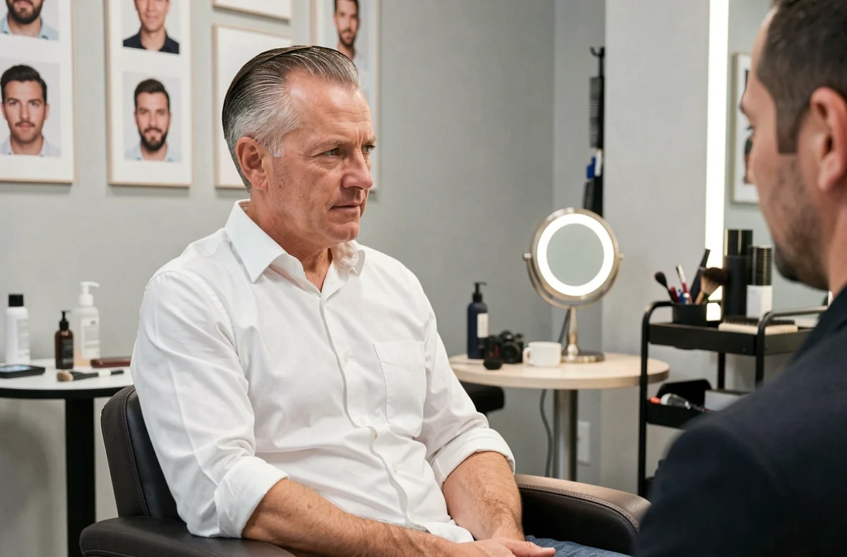 Homme d'âge mûr aux cheveux clairsemés au sommet du crâne coiffés avec une raie de côté lors d'une consultation chez un coiffeur
