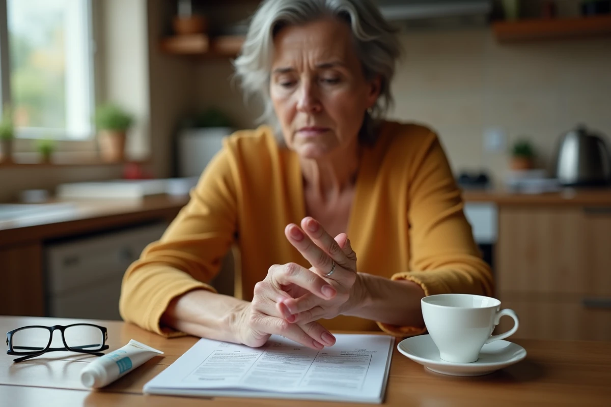 Femme examinant une réaction allergique légère autour des ongles après une pose de porcelaine, avec une crème apaisante sur la table