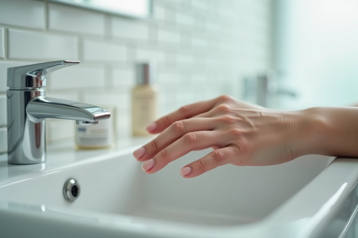 Gros plan sur une réaction cutanée légère sur la main d'une femme suite à l'application d'une crème cosmétique, illustrant les précautions liées au Fermoter