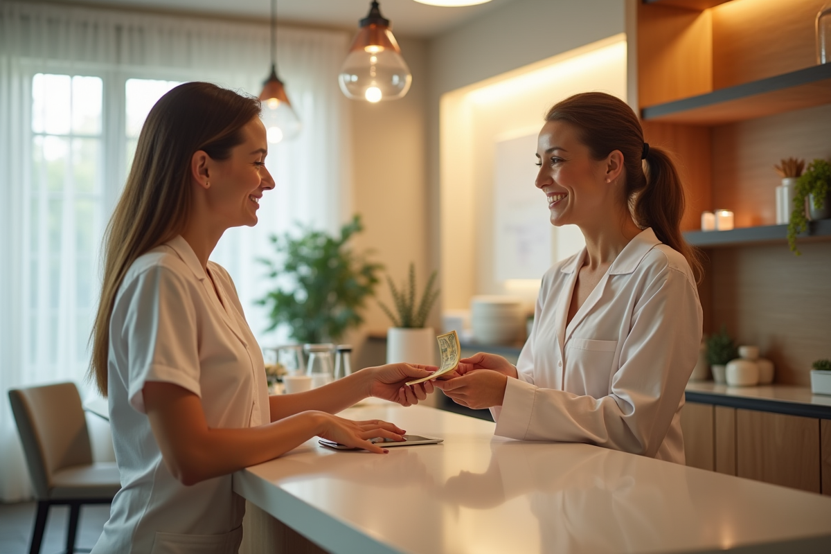 Client donnant de l'argent à une masseuse souriante dans un spa
