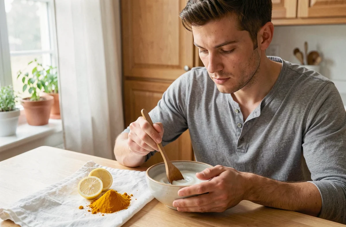 Homme préparant un soin maison blancheur des dents avec huile de coco et curcuma dans une cuisine lumineuse
