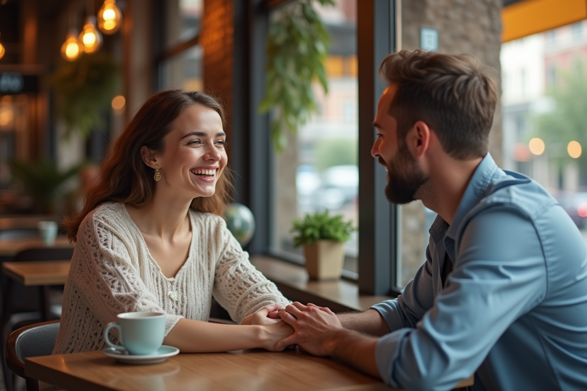 Femme souriante posant sa main sur le bras d'un homme au café