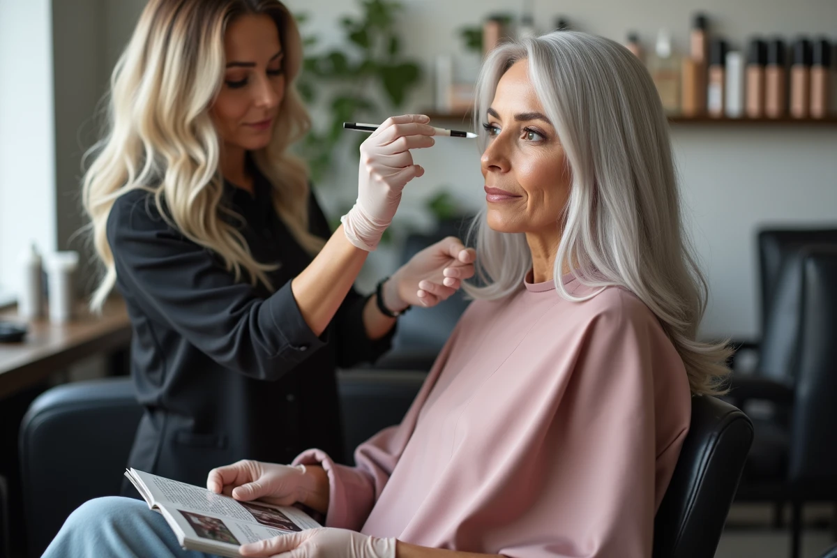 Coiffeuse appliquant une retouche racine blanche sur une cliente en salon de coiffure avant un événement