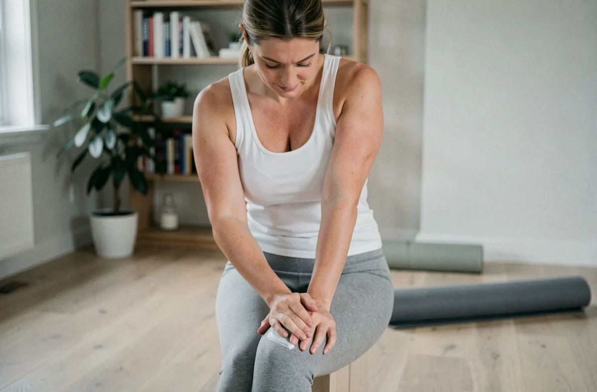 Femme appliquant une crème amincissante sur ses jambes dans un salon épuré dans le cadre d'une routine beauté du soir