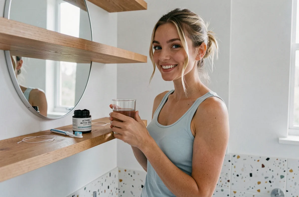 Jeune femme souriante dans une salle de bain minimaliste avec des produits naturels pour blanchir les dents à la maison
