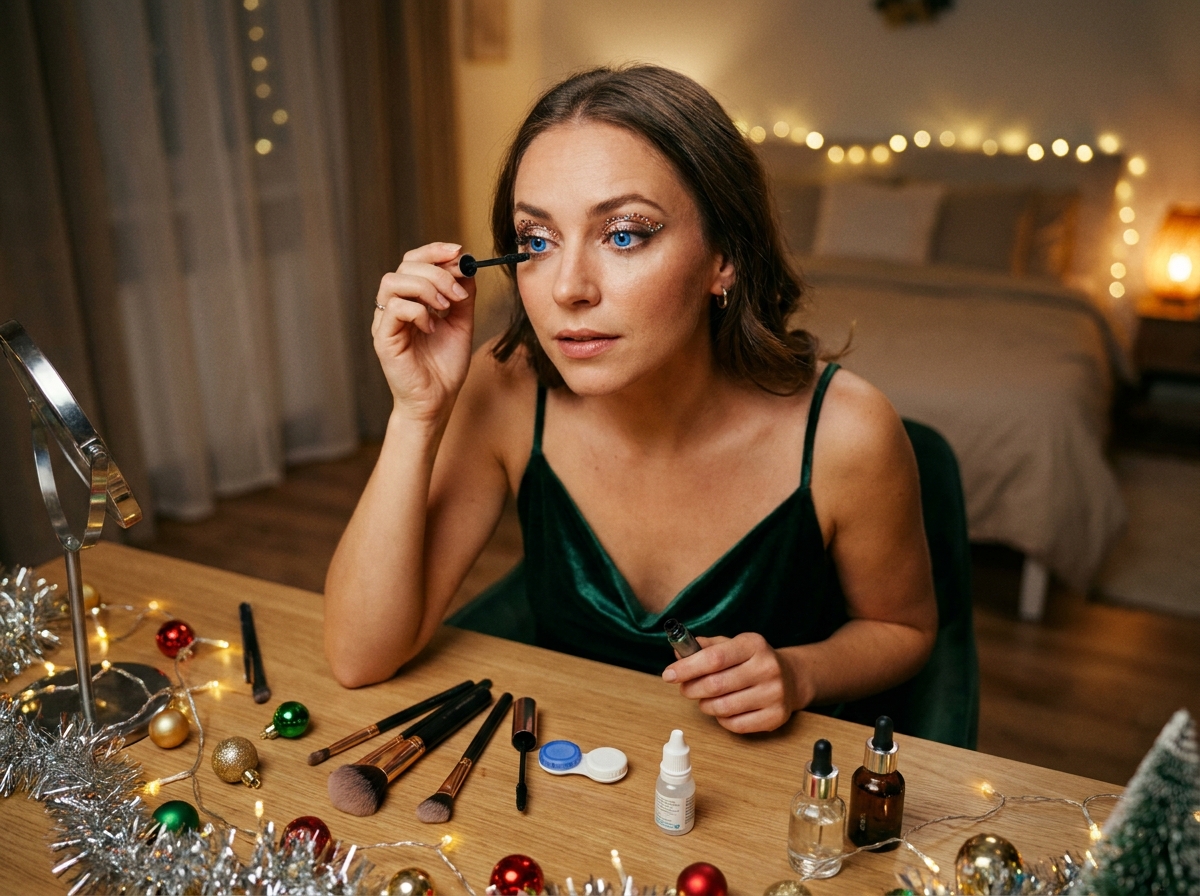 Femme en robe de soirée verte appliquant du mascara à une coiffeuse décorée pour les fêtes avec étui à lentilles et gouttes oculaires