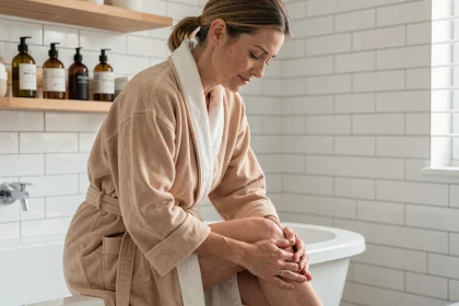 Femme en robe de bain massant ses cuisses dans une salle de bain minimaliste lors d'une routine du soir anti-cellulite