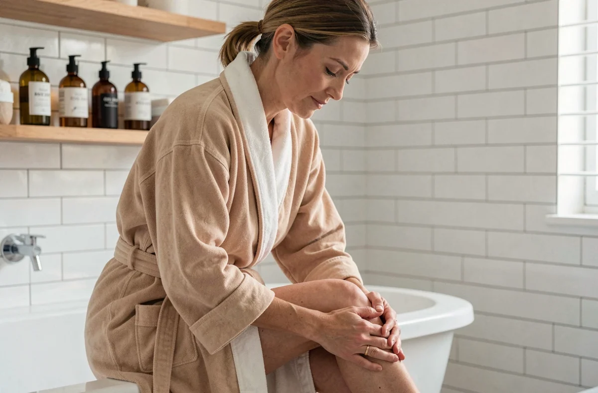 Femme en robe de bain massant ses cuisses dans une salle de bain minimaliste lors d'une routine du soir anti-cellulite
