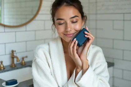 Femme appliquant le savon Nila bleu sur son visage devant un miroir de salle de bain en marbre blanc