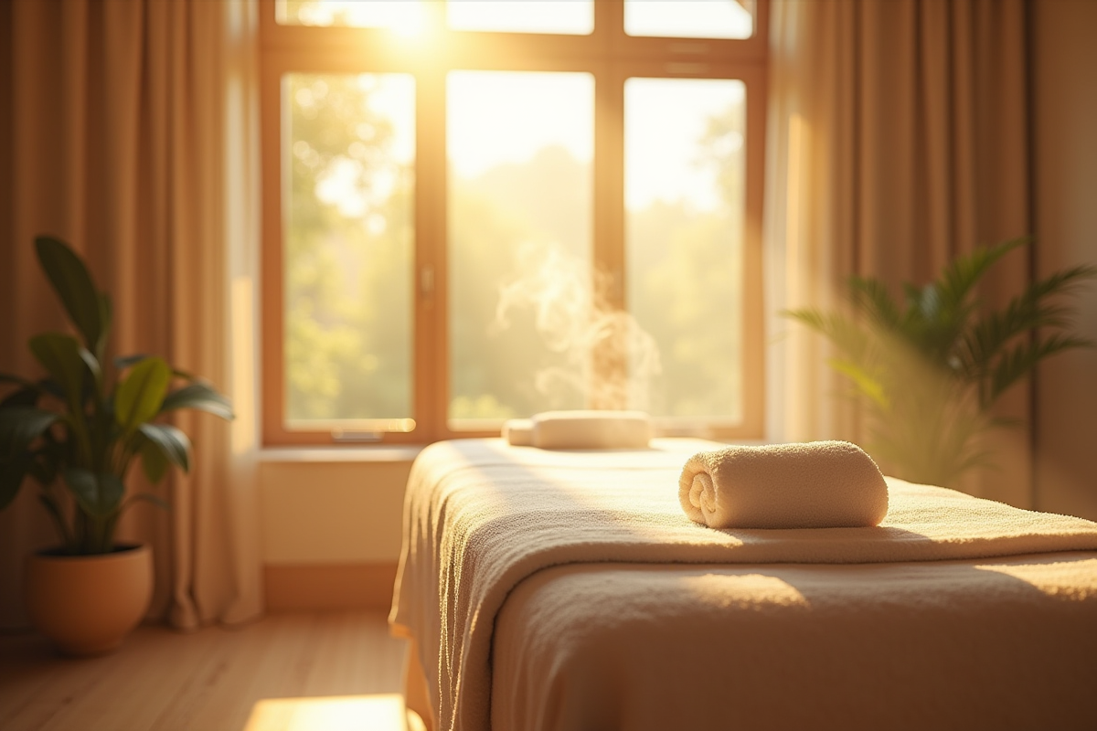 Salle de spa lumineuse au matin avec table de massage