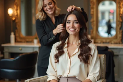 Femme &eacute;l&eacute;gante dans un salon parisien chic avec styliste