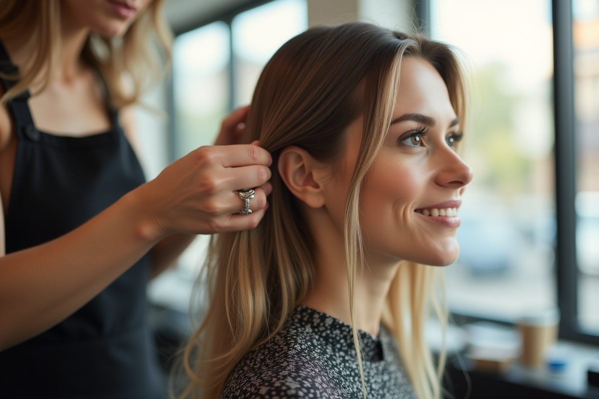 Femme dans un salon moderne avec extensions capillaires
